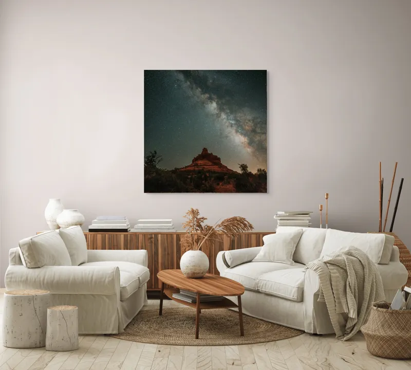 Tablou Canvas, "Rugăciune sub cerul înstelat", Stele, Cer, Peisaj, Noapte, Roci, Cale Lactee, Natura, Pădure, Lumină, Cosmos, 100 x 100 cm – poza 3