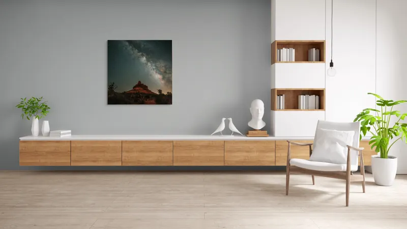 Tablou Canvas, "Rugăciune sub cerul înstelat", Stele, Cer, Peisaj, Noapte, Roci, Cale Lactee, Natura, Pădure, Lumină, Cosmos, 100 x 100 cm – poza 8