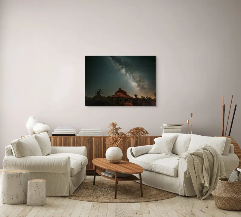Tablou Canvas, "Rugăciune sub cerul înstelat", Stele, Cer, Peisaj, Noapte, Roci, Cale Lactee, Natura, Pădure, Lumină, Cosmos, 100 x 70 cm – poza 3