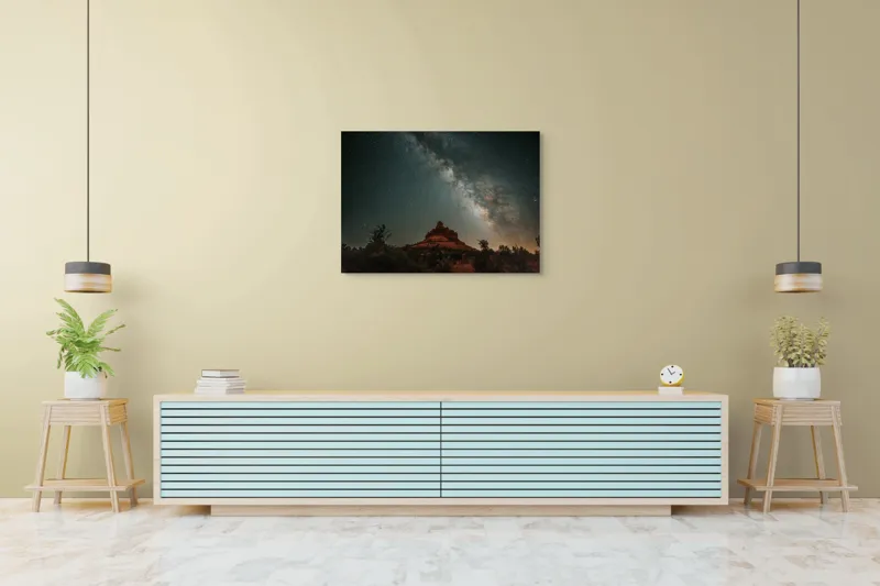 Tablou Canvas, "Rugăciune sub cerul înstelat", Stele, Cer, Peisaj, Noapte, Roci, Cale Lactee, Natura, Pădure, Lumină, Cosmos, 100 x 70 cm – poza 4