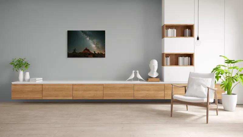 Tablou Canvas, "Rugăciune sub cerul înstelat", Stele, Cer, Peisaj, Noapte, Roci, Cale Lactee, Natura, Pădure, Lumină, Cosmos, 100 x 70 cm – poza 6