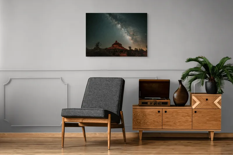 Tablou Canvas, "Rugăciune sub cerul înstelat", Stele, Cer, Peisaj, Noapte, Roci, Cale Lactee, Natura, Pădure, Lumină, Cosmos, 100 x 70 cm – poza 8