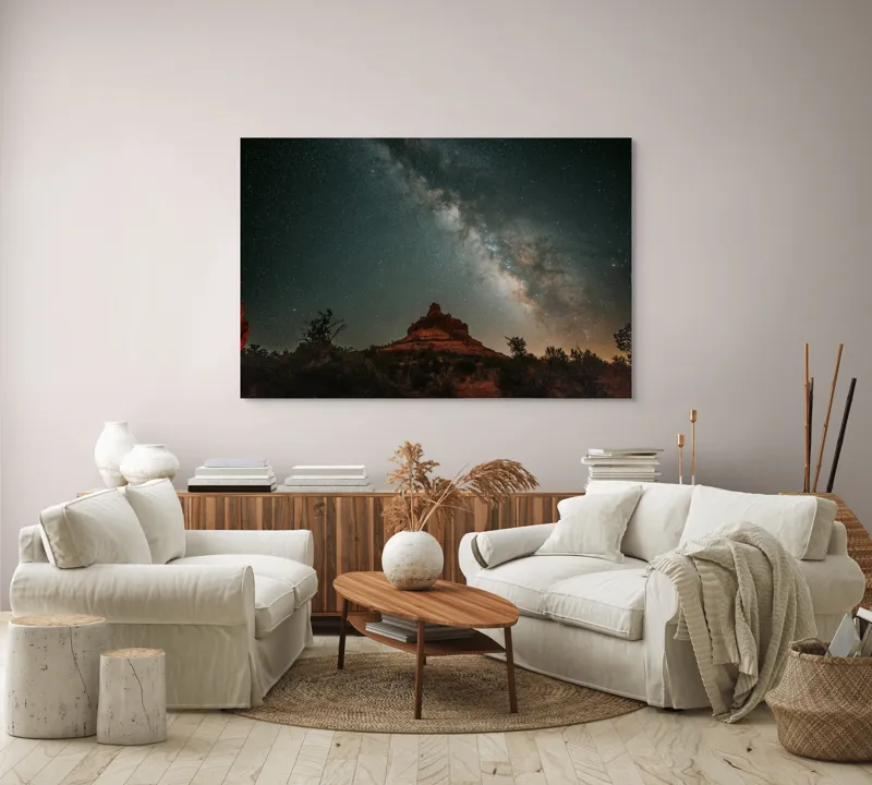 Tablou Canvas, "Rugăciune sub cerul înstelat", Stele, Cer, Peisaj, Noapte, Roci, Cale Lactee, Natura, Pădure, Lumină, Cosmos, 150 x 100 cm – poza 3