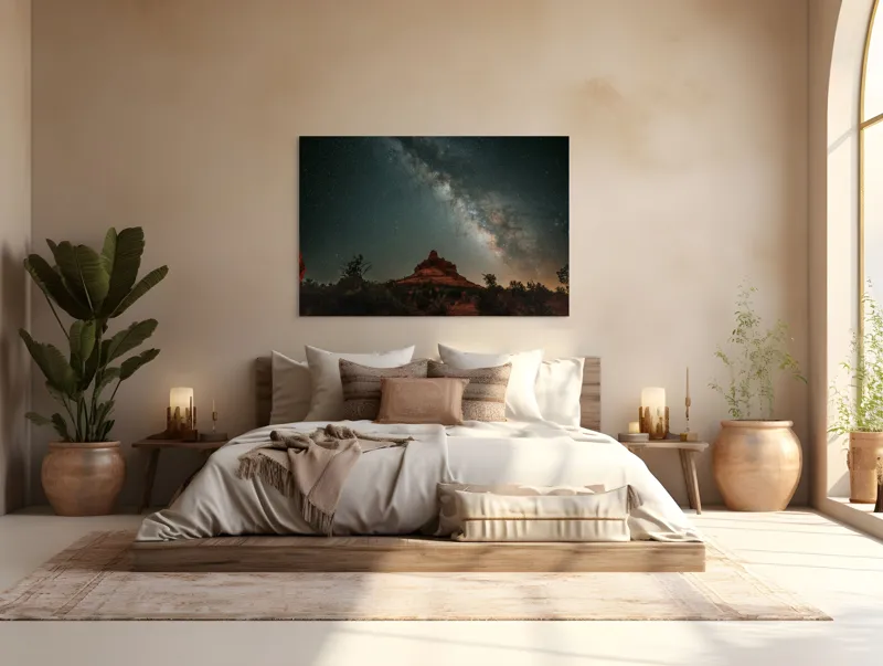 Tablou Canvas, "Rugăciune sub cerul înstelat", Stele, Cer, Peisaj, Noapte, Roci, Cale Lactee, Natura, Pădure, Lumină, Cosmos, 150 x 100 cm – poza 4