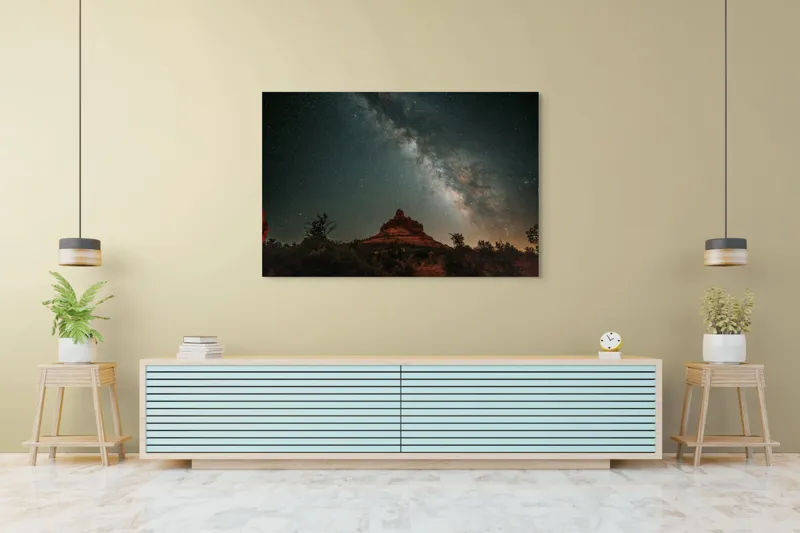 Tablou Canvas, "Rugăciune sub cerul înstelat", Stele, Cer, Peisaj, Noapte, Roci, Cale Lactee, Natura, Pădure, Lumină, Cosmos, 150 x 100 cm – poza 6