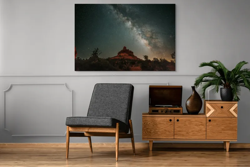 Tablou Canvas, "Rugăciune sub cerul înstelat", Stele, Cer, Peisaj, Noapte, Roci, Cale Lactee, Natura, Pădure, Lumină, Cosmos, 150 x 100 cm – poza 8