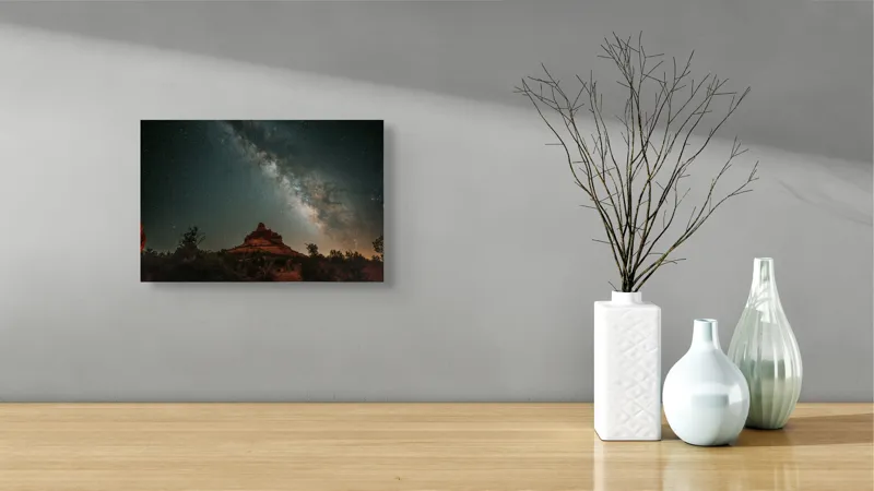 Tablou Canvas, "Rugăciune sub cerul înstelat", Stele, Cer, Peisaj, Noapte, Roci, Cale Lactee, Natura, Pădure, Lumină, Cosmos, 39 x 26 cm – poza 8