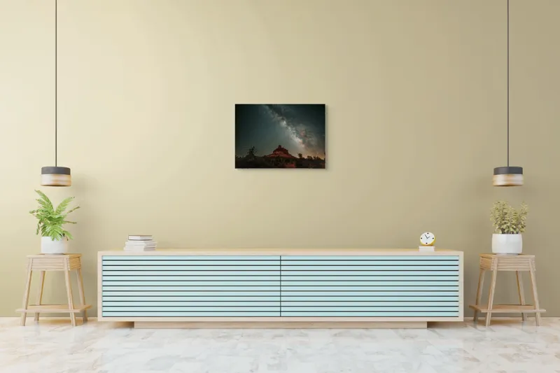 Tablou Canvas, "Rugăciune sub cerul înstelat", Stele, Cer, Peisaj, Noapte, Roci, Cale Lactee, Natura, Pădure, Lumină, Cosmos, 70 x 50 cm – poza 7