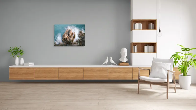 Tablou Canvas, "Valuri lovind stâncile aspre ale mării", Valuri, Stânci, Spumă, Ocean, Natură, Putere, Mișcare, Contrast, Textură, Răgaz., 100 x 70 cm – poza 6