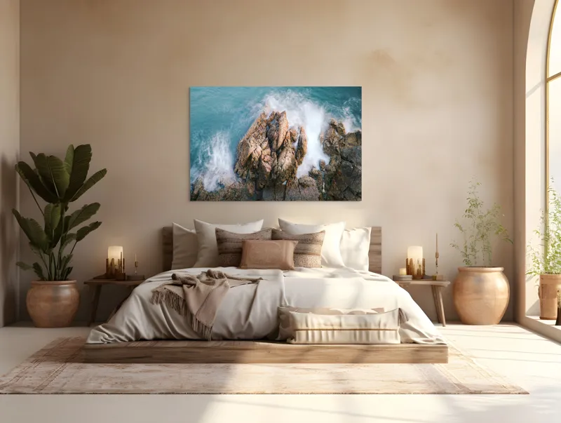 Tablou Canvas, "Valuri lovind stâncile aspre ale mării", Valuri, Stânci, Spumă, Ocean, Natură, Putere, Mișcare, Contrast, Textură, Răgaz., 150 x 100 cm – poza 4