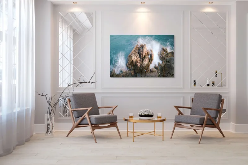 Tablou Canvas, "Valuri lovind stâncile aspre ale mării", Valuri, Stânci, Spumă, Ocean, Natură, Putere, Mișcare, Contrast, Textură, Răgaz., 150 x 100 cm – poza 7