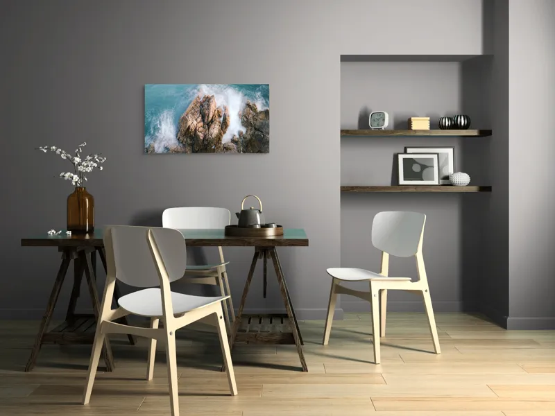 Tablou Canvas, "Valuri lovind stâncile aspre ale mării", Valuri, Stânci, Spumă, Ocean, Natură, Putere, Mișcare, Contrast, Textură, Răgaz., 90 x 50 cm – poza 3