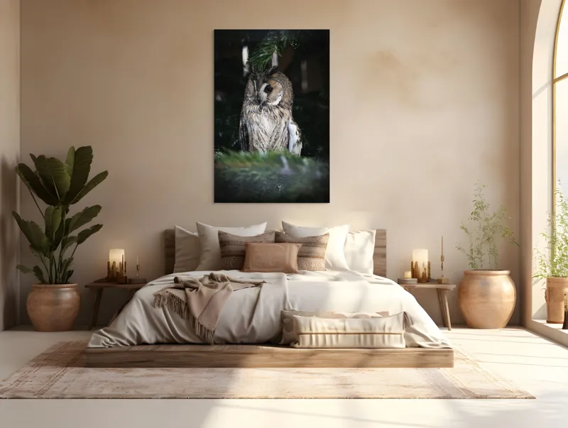 Tablou Canvas, "Bufnița ascunsă în crengile de brad", Bufniță, Ramură, Noapte, Natură, Penaj, Copac, Cămuflaj, Privire., 100 x 150 cm – poza 3