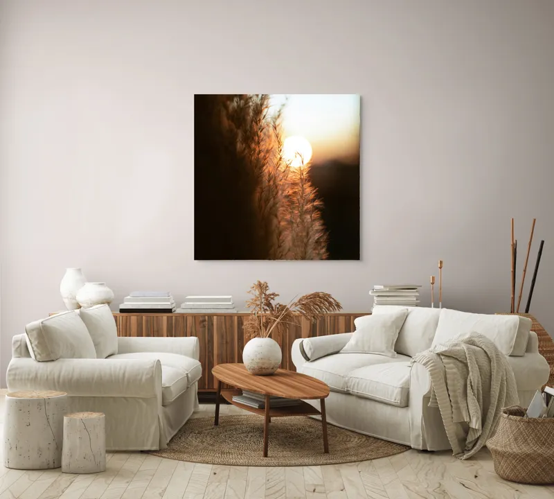 Tablou Canvas, "Splendoarea apusului printre ierburi aurii", Apus, Pampoane, Lumina, Blândețe, Natură, 100 x 100 cm – poza 3