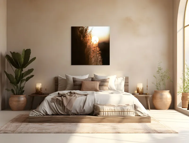 Tablou Canvas, "Splendoarea apusului printre ierburi aurii", Apus, Pampoane, Lumina, Blândețe, Natură, 100 x 100 cm – poza 4