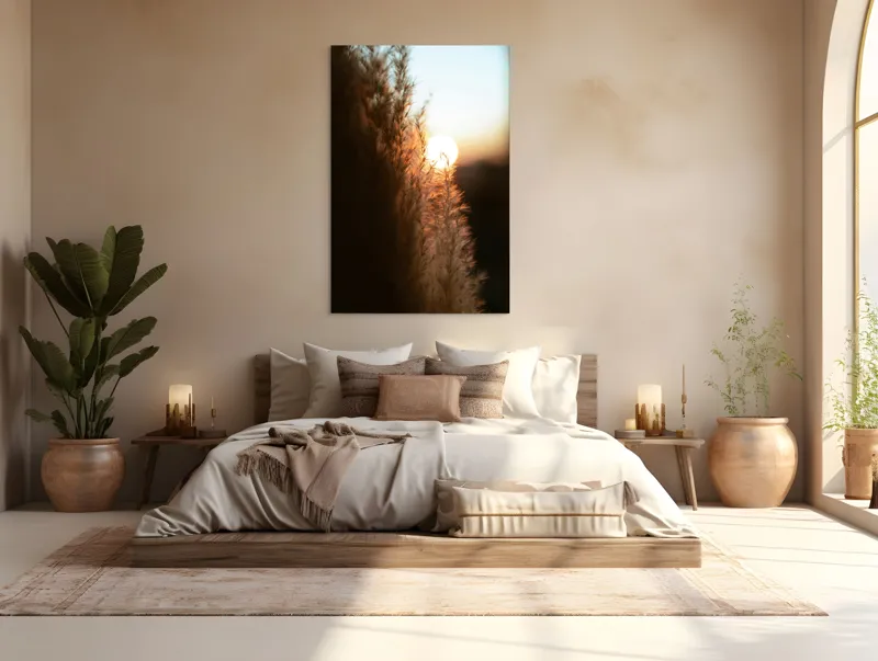 Tablou Canvas, "Splendoarea apusului printre ierburi aurii", Apus, Pampoane, Lumina, Blândețe, Natură, 100 x 150 cm – poza 3