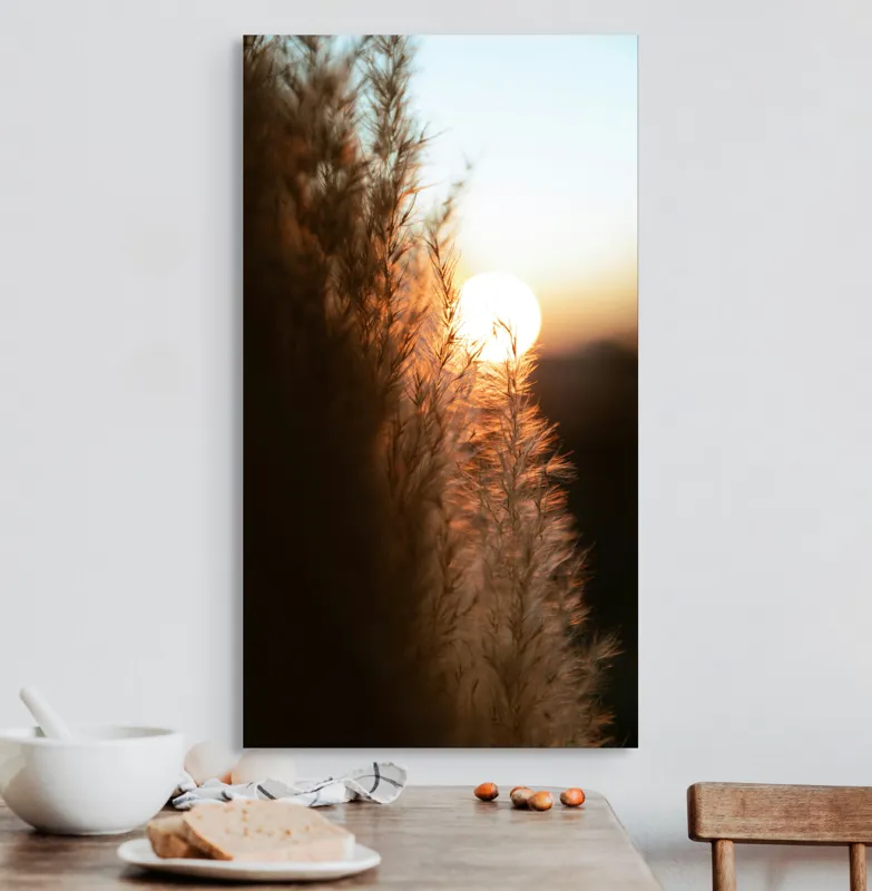 Tablou Canvas, "Splendoarea apusului printre ierburi aurii", Apus, Pampoane, Lumina, Blândețe, Natură, 50 x 90 cm – poza 3