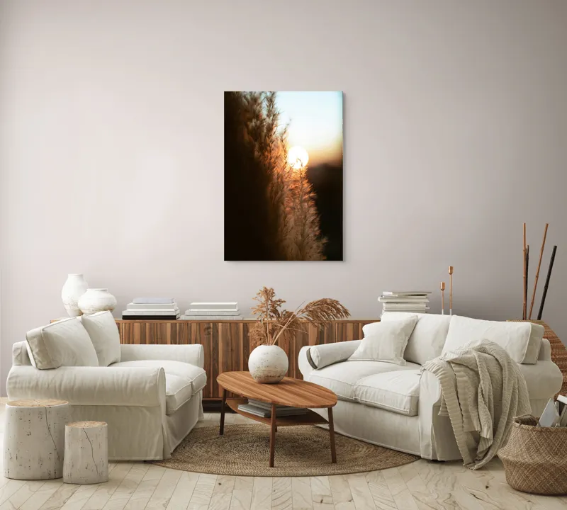 Tablou Canvas, "Splendoarea apusului printre ierburi aurii", Apus, Pampoane, Lumina, Blândețe, Natură, 70 x 100 cm – poza 4