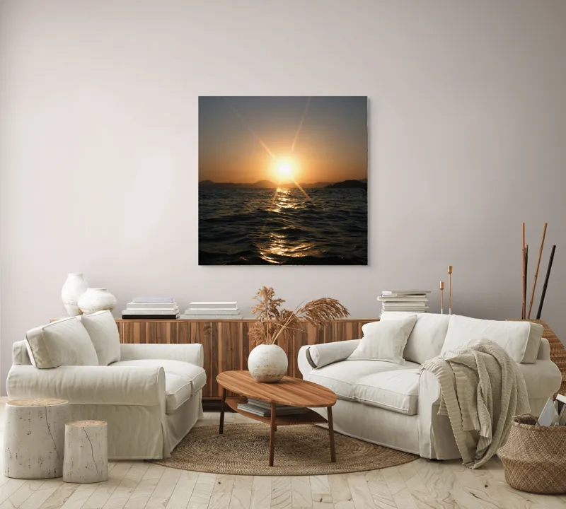 Tablou Canvas, "Apus liniștit peste oceanul îndepărtat", Soare, Apus, Ocean, Valuri, Siluetă, Lumină, Cer, Reflexii, Liniște, Peisaj, 100 x 100 cm – poza 3