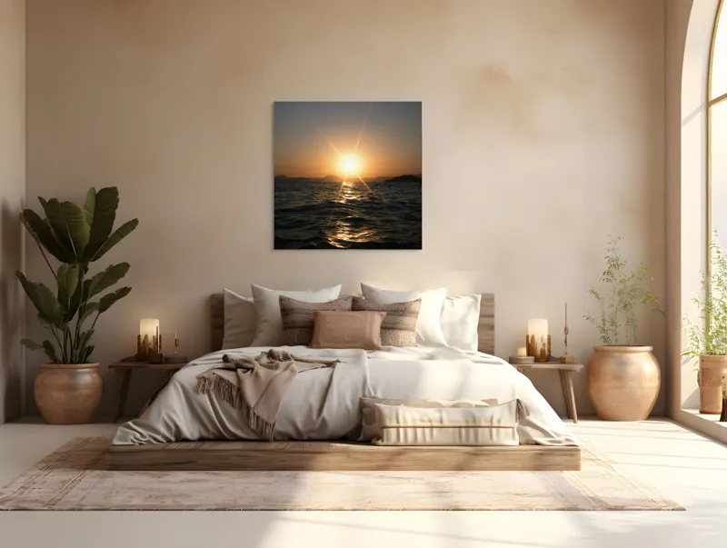 Tablou Canvas, "Apus liniștit peste oceanul îndepărtat", Soare, Apus, Ocean, Valuri, Siluetă, Lumină, Cer, Reflexii, Liniște, Peisaj, 100 x 100 cm – poza 4