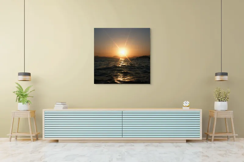 Tablou Canvas, "Apus liniștit peste oceanul îndepărtat", Soare, Apus, Ocean, Valuri, Siluetă, Lumină, Cer, Reflexii, Liniște, Peisaj, 100 x 100 cm – poza 5