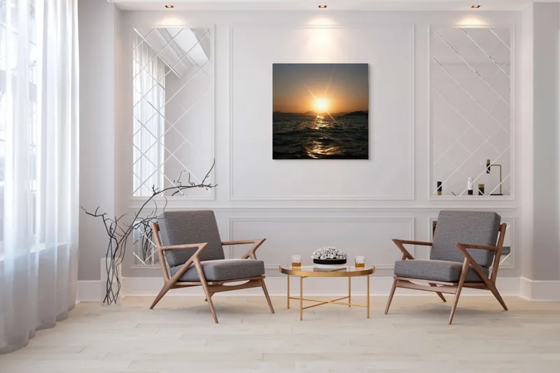 Tablou Canvas, "Apus liniștit peste oceanul îndepărtat", Soare, Apus, Ocean, Valuri, Siluetă, Lumină, Cer, Reflexii, Liniște, Peisaj, 100 x 100 cm – poza 7