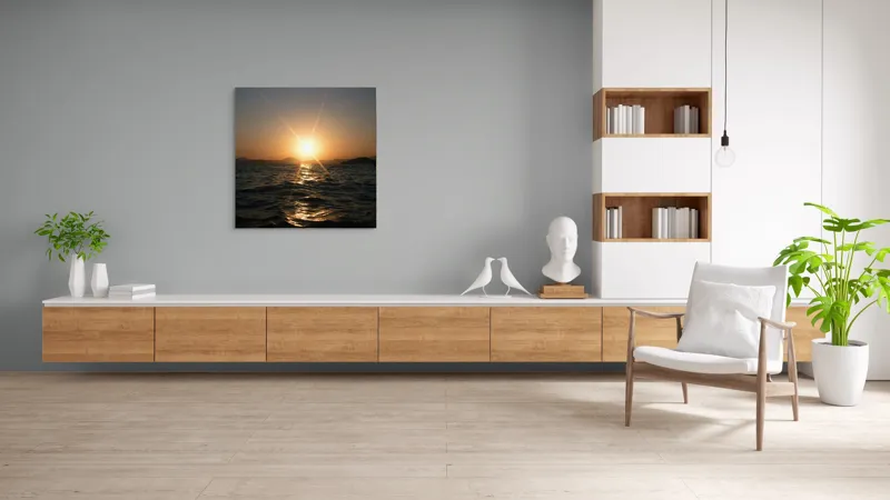 Tablou Canvas, "Apus liniștit peste oceanul îndepărtat", Soare, Apus, Ocean, Valuri, Siluetă, Lumină, Cer, Reflexii, Liniște, Peisaj, 100 x 100 cm – poza 8