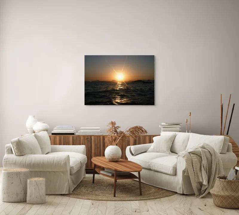 Tablou Canvas, "Apus liniștit peste oceanul îndepărtat", Soare, Apus, Ocean, Valuri, Siluetă, Lumină, Cer, Reflexii, Liniște, Peisaj, 100 x 70 cm – poza 3