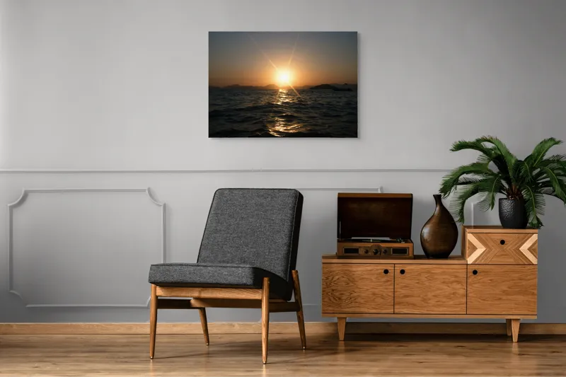 Tablou Canvas, "Apus liniștit peste oceanul îndepărtat", Soare, Apus, Ocean, Valuri, Siluetă, Lumină, Cer, Reflexii, Liniște, Peisaj, 100 x 70 cm – poza 8