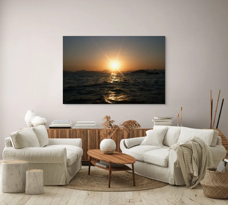 Tablou Canvas, "Apus liniștit peste oceanul îndepărtat", Soare, Apus, Ocean, Valuri, Siluetă, Lumină, Cer, Reflexii, Liniște, Peisaj, 150 x 100 cm – poza 3