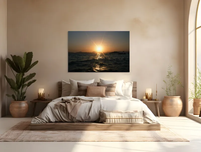 Tablou Canvas, "Apus liniștit peste oceanul îndepărtat", Soare, Apus, Ocean, Valuri, Siluetă, Lumină, Cer, Reflexii, Liniște, Peisaj, 150 x 100 cm – poza 4