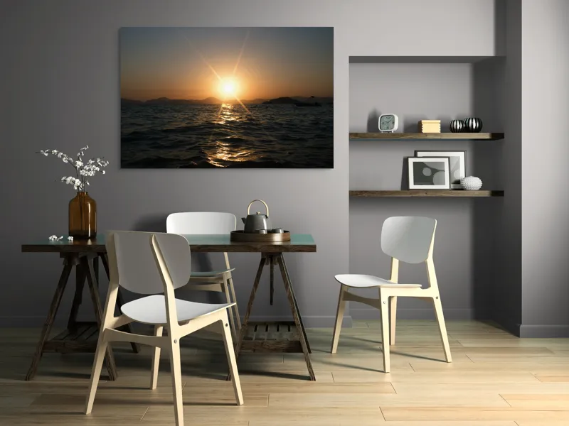Tablou Canvas, "Apus liniștit peste oceanul îndepărtat", Soare, Apus, Ocean, Valuri, Siluetă, Lumină, Cer, Reflexii, Liniște, Peisaj, 150 x 100 cm – poza 5