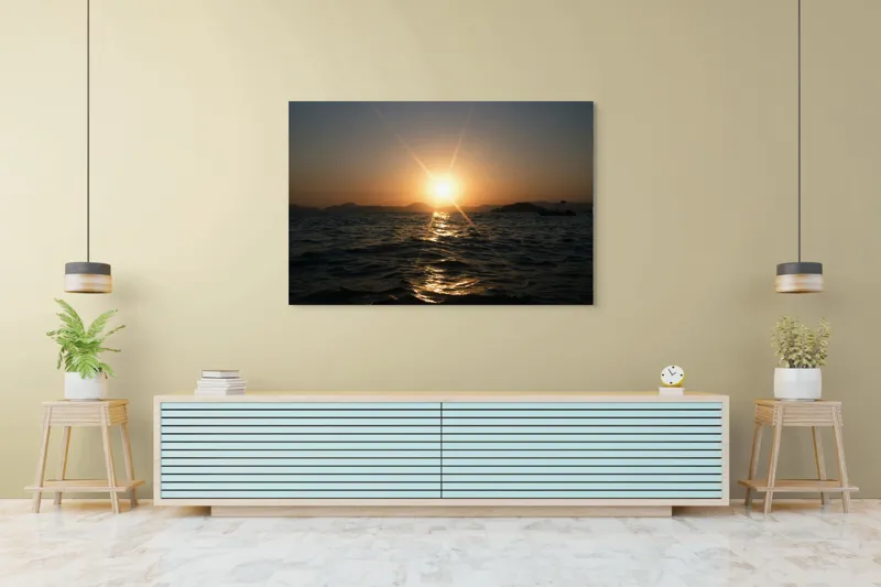 Tablou Canvas, "Apus liniștit peste oceanul îndepărtat", Soare, Apus, Ocean, Valuri, Siluetă, Lumină, Cer, Reflexii, Liniște, Peisaj, 150 x 100 cm – poza 6
