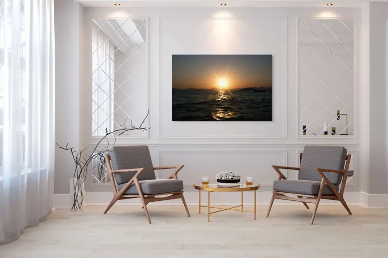 Tablou Canvas, "Apus liniștit peste oceanul îndepărtat", Soare, Apus, Ocean, Valuri, Siluetă, Lumină, Cer, Reflexii, Liniște, Peisaj, 150 x 100 cm – poza 7