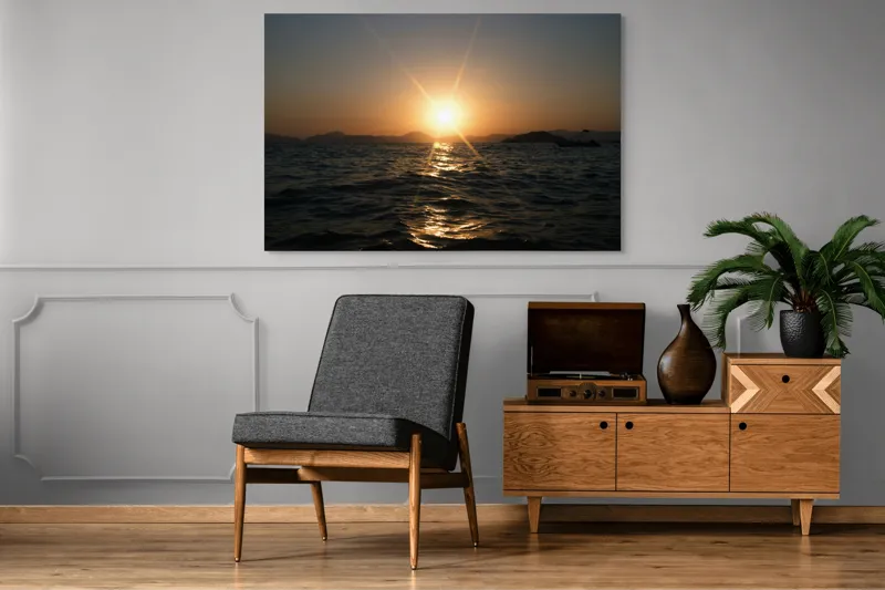 Tablou Canvas, "Apus liniștit peste oceanul îndepărtat", Soare, Apus, Ocean, Valuri, Siluetă, Lumină, Cer, Reflexii, Liniște, Peisaj, 150 x 100 cm – poza 8