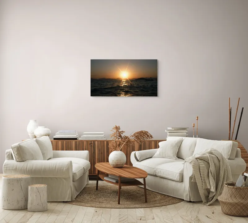 Tablou Canvas, "Apus liniștit peste oceanul îndepărtat", Soare, Apus, Ocean, Valuri, Siluetă, Lumină, Cer, Reflexii, Liniște, Peisaj, 90 x 50 cm – poza 4