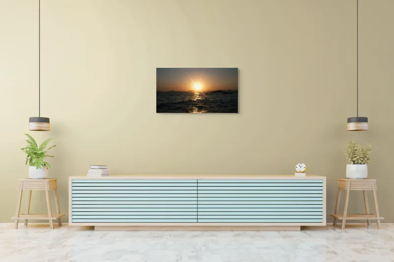 Tablou Canvas, "Apus liniștit peste oceanul îndepărtat", Soare, Apus, Ocean, Valuri, Siluetă, Lumină, Cer, Reflexii, Liniște, Peisaj, 90 x 50 cm – poza 5