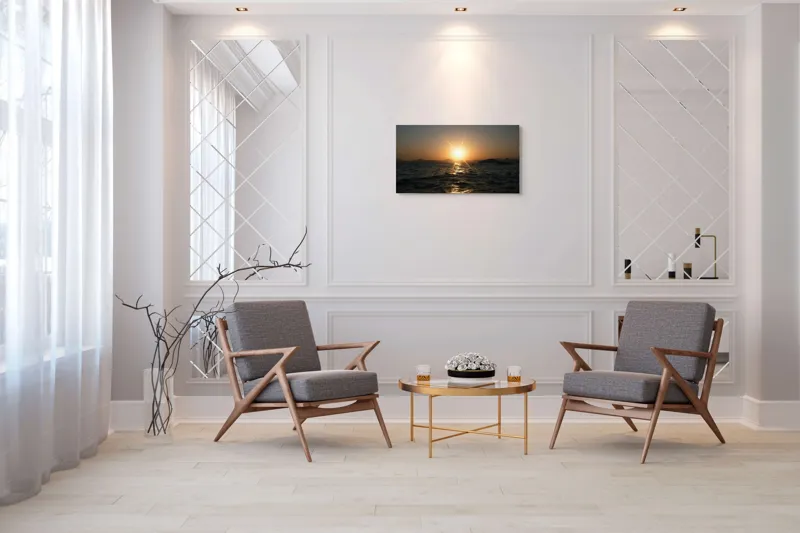 Tablou Canvas, "Apus liniștit peste oceanul îndepărtat", Soare, Apus, Ocean, Valuri, Siluetă, Lumină, Cer, Reflexii, Liniște, Peisaj, 90 x 50 cm – poza 7