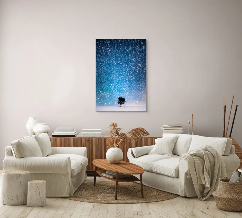 Tablou Canvas, "Steaua nordului peste copacul singuratic", Stele, Cădere, Noapte, Solitudine, Peisaj, Magie, Cer., 70 x 100 cm – poza 4