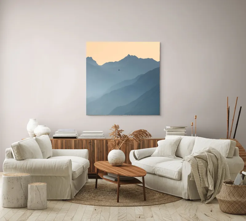Tablou Canvas, "Plimbare cu balonul printre munți", Munte, Ceață, Balon, Răsărit, Liniște, Vârfuri, Siluetă, Cer, Pitoresc, Albastru, 100 x 100 cm – poza 3
