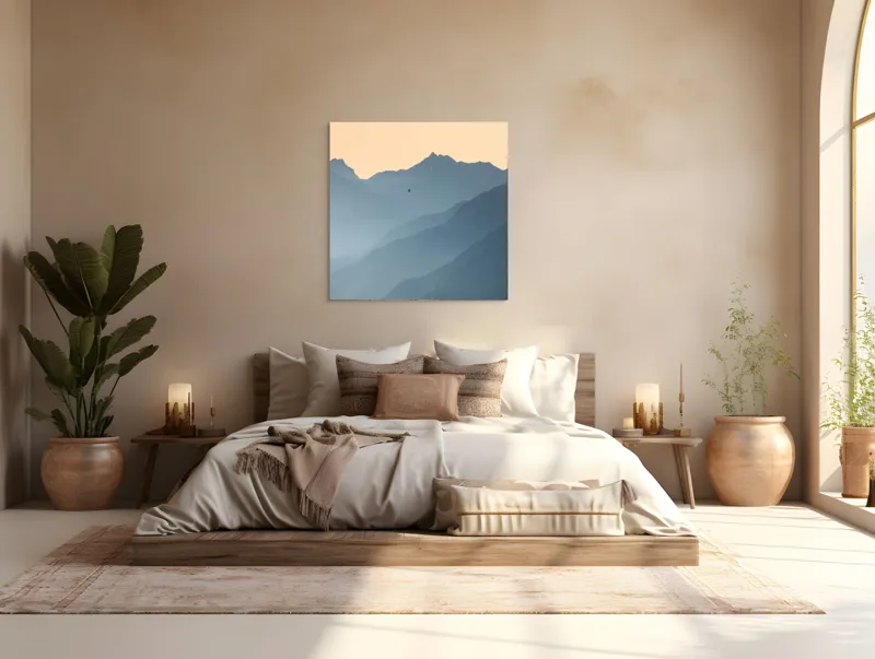 Tablou Canvas, "Plimbare cu balonul printre munți", Munte, Ceață, Balon, Răsărit, Liniște, Vârfuri, Siluetă, Cer, Pitoresc, Albastru, 100 x 100 cm – poza 4