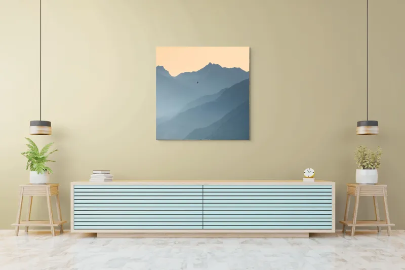 Tablou Canvas, "Plimbare cu balonul printre munți", Munte, Ceață, Balon, Răsărit, Liniște, Vârfuri, Siluetă, Cer, Pitoresc, Albastru, 100 x 100 cm – poza 5