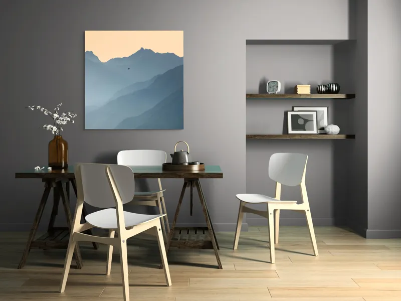 Tablou Canvas, "Plimbare cu balonul printre munți", Munte, Ceață, Balon, Răsărit, Liniște, Vârfuri, Siluetă, Cer, Pitoresc, Albastru, 100 x 100 cm – poza 6
