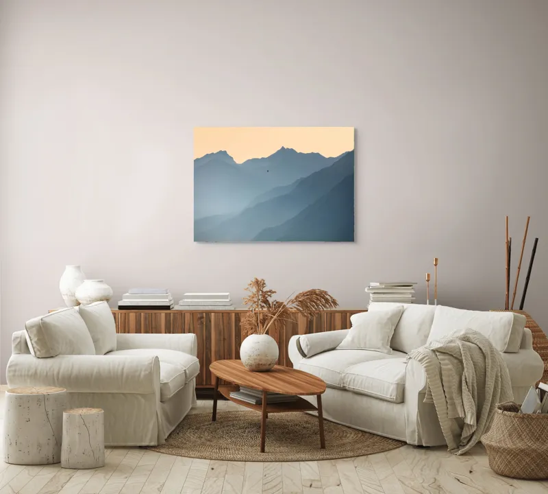Tablou Canvas, "Plimbare cu balonul printre munți", Munte, Ceață, Balon, Răsărit, Liniște, Vârfuri, Siluetă, Cer, Pitoresc, Albastru, 100 x 70 cm – poza 3