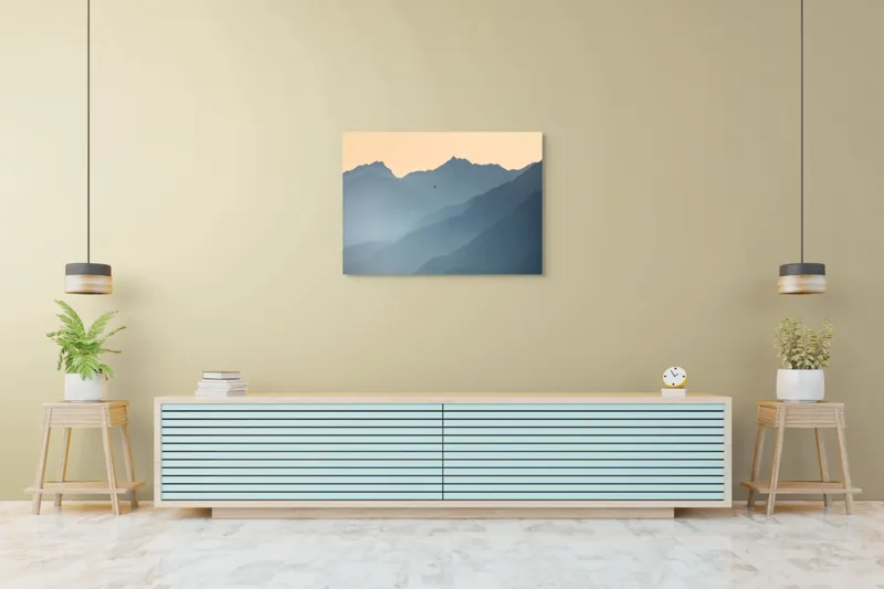 Tablou Canvas, "Plimbare cu balonul printre munți", Munte, Ceață, Balon, Răsărit, Liniște, Vârfuri, Siluetă, Cer, Pitoresc, Albastru, 100 x 70 cm – poza 4