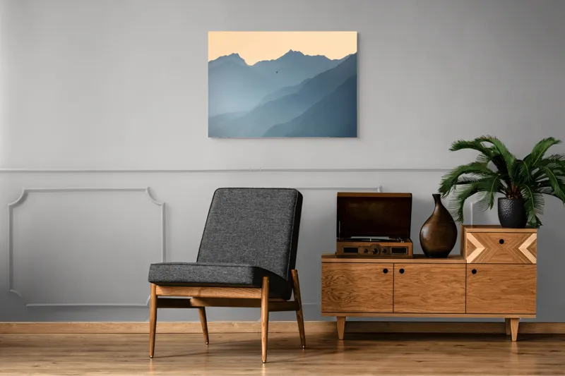 Tablou Canvas, "Plimbare cu balonul printre munți", Munte, Ceață, Balon, Răsărit, Liniște, Vârfuri, Siluetă, Cer, Pitoresc, Albastru, 100 x 70 cm – poza 8