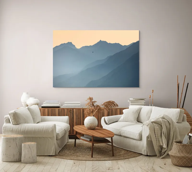 Tablou Canvas, "Plimbare cu balonul printre munți", Munte, Ceață, Balon, Răsărit, Liniște, Vârfuri, Siluetă, Cer, Pitoresc, Albastru, 150 x 100 cm – poza 3