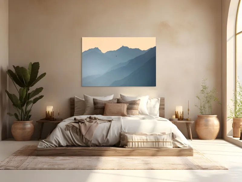 Tablou Canvas, "Plimbare cu balonul printre munți", Munte, Ceață, Balon, Răsărit, Liniște, Vârfuri, Siluetă, Cer, Pitoresc, Albastru, 150 x 100 cm – poza 4