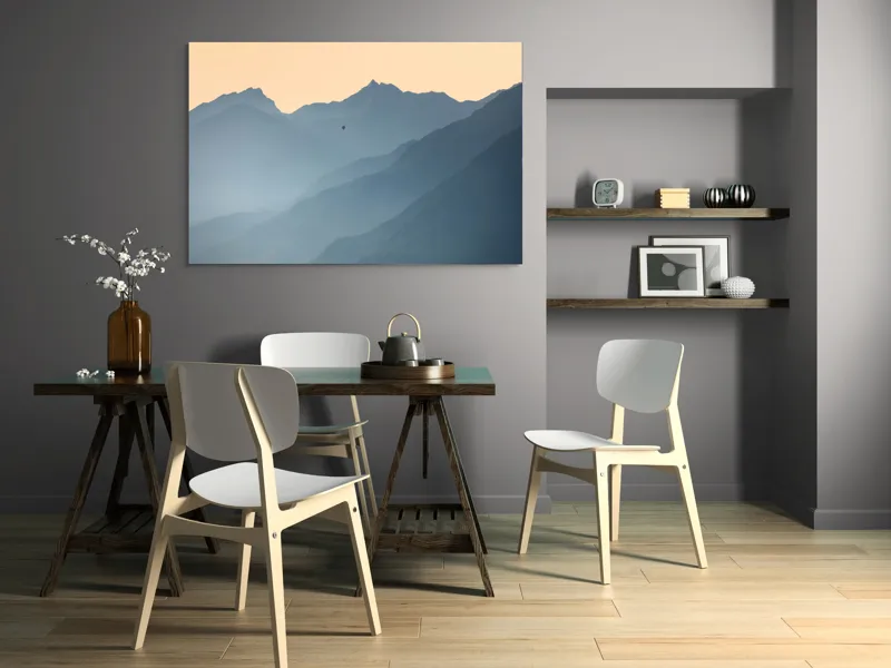 Tablou Canvas, "Plimbare cu balonul printre munți", Munte, Ceață, Balon, Răsărit, Liniște, Vârfuri, Siluetă, Cer, Pitoresc, Albastru, 150 x 100 cm – poza 5