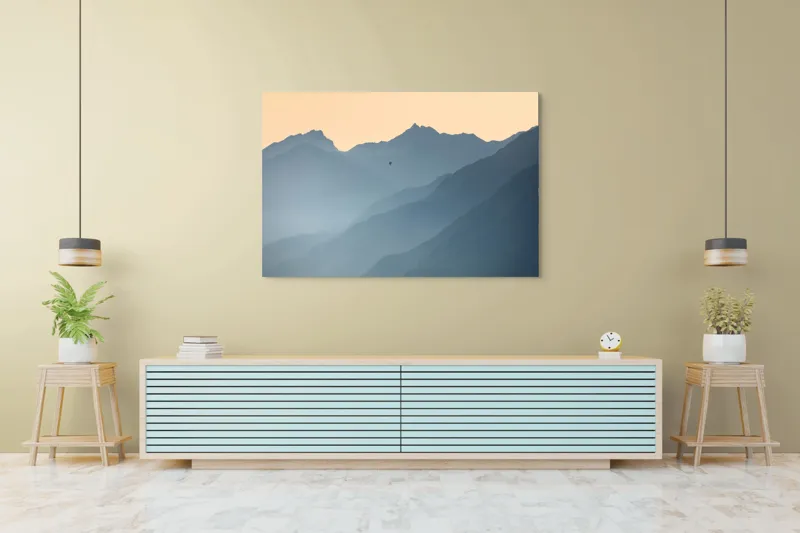 Tablou Canvas, "Plimbare cu balonul printre munți", Munte, Ceață, Balon, Răsărit, Liniște, Vârfuri, Siluetă, Cer, Pitoresc, Albastru, 150 x 100 cm – poza 6